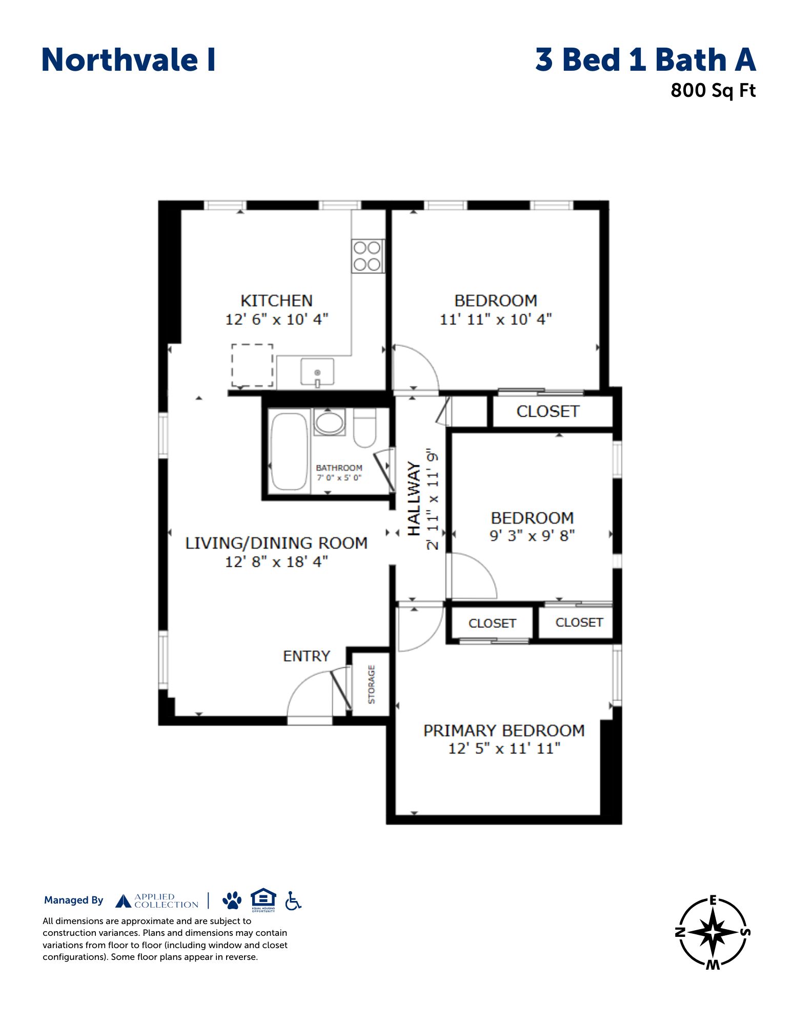 Floor plan for 3 beds, 1 bath, 800 sqft